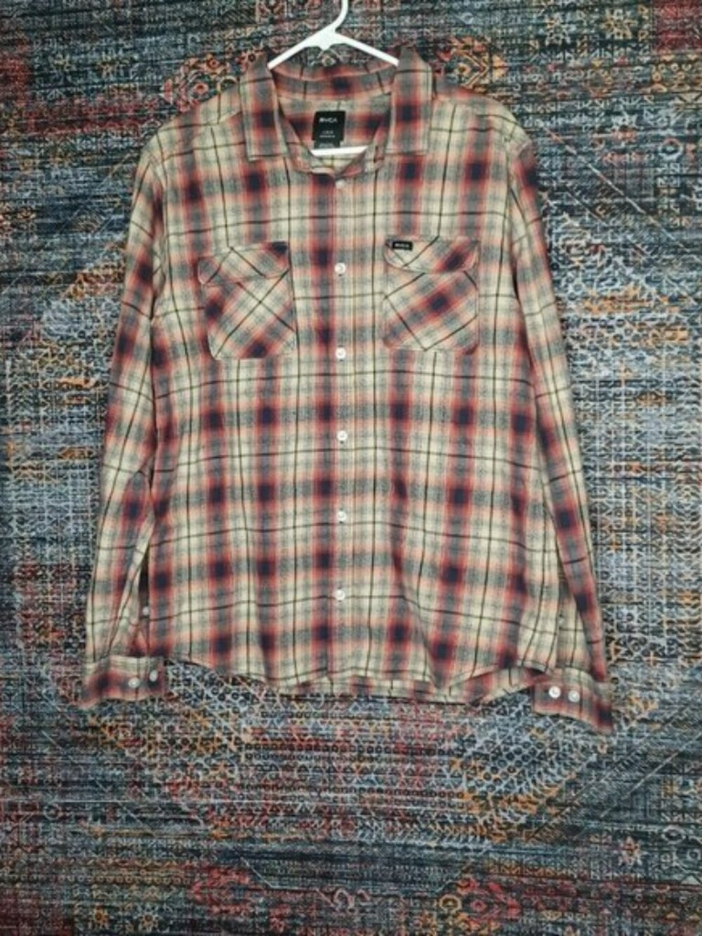 RVCA mens red blue khaki Regular fit plaid flannel button shirt L